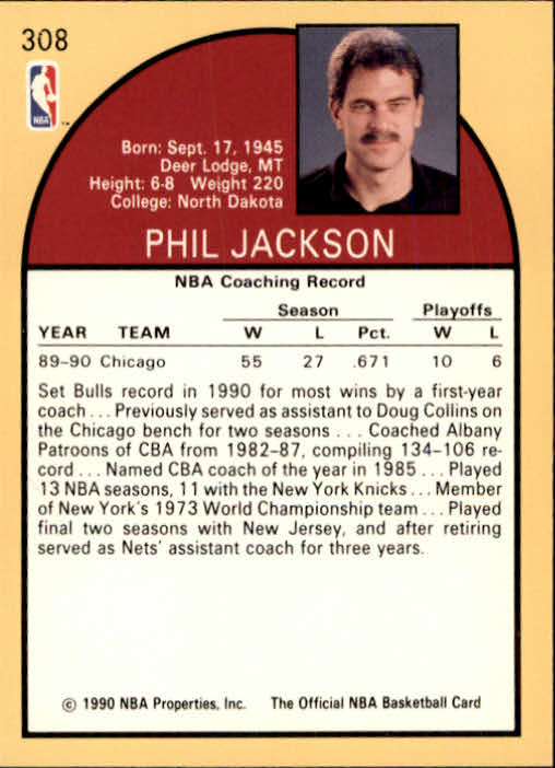 1990-91 Hoops #308 Phil Jackson CO back image