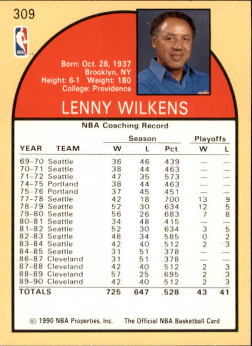 1990-91 Hoops #309 Lenny Wilkens CO back image
