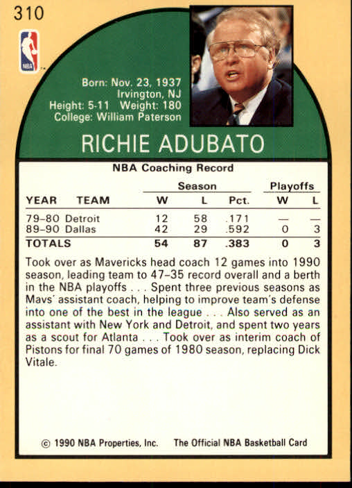 1990-91 Hoops #310 Richie Adubato CO back image
