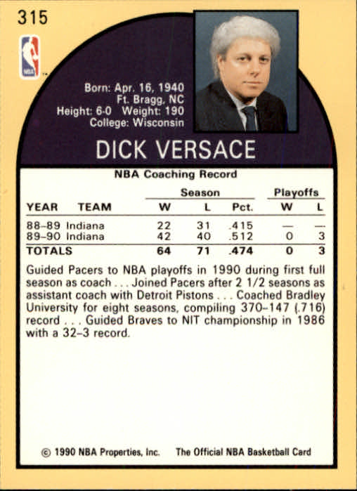 1990-91 Hoops #315 Dick Versace CO back image