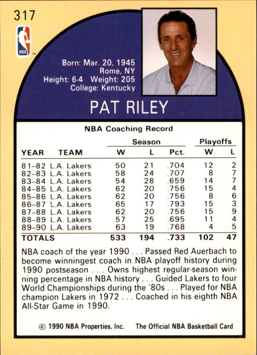 1990-91 Hoops #317 Pat Riley CO SP back image