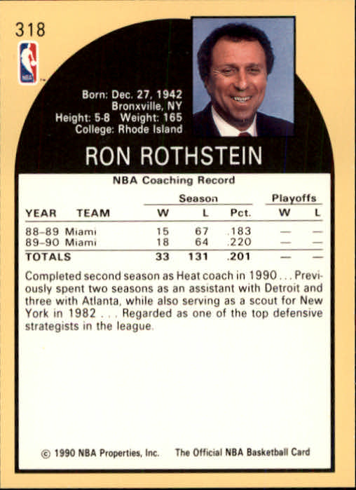 1990-91 Hoops #318 Ron Rothstein CO back image