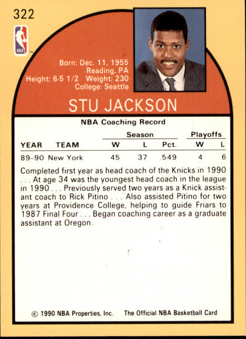 1990-91 Hoops #322 Stu Jackson CO back image