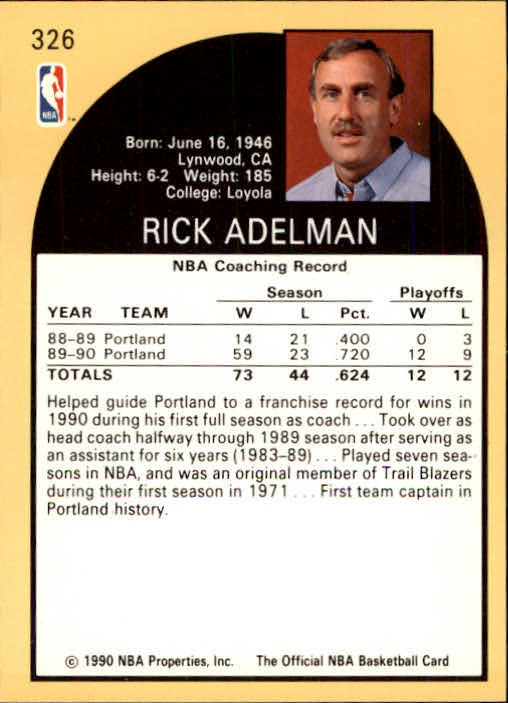 1990-91 Hoops #326 Rick Adelman CO back image