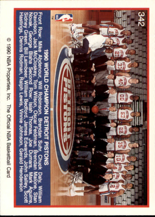 1990-91 Hoops #342 Pistons Celebrate UER/James Edwards Player named as Sidney/Green is really David Greenwood back image
