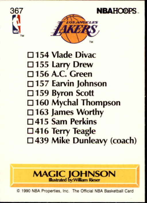 1990-91 Hoops #367 Magic Johnson TC UER/(Dunleavy listed as 439, should be 351) back image