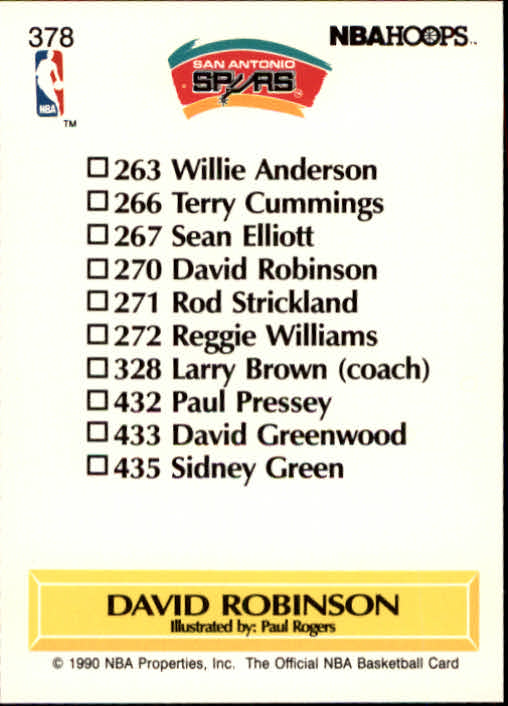 1990-91 Hoops #378 David Robinson TC/(Basketball fully visible) back image