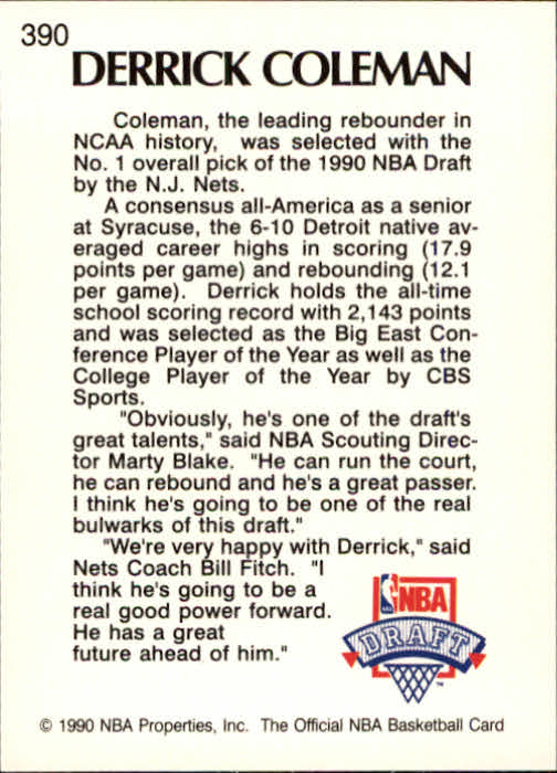 1990-91 Hoops #390 Derrick Coleman LS RC back image
