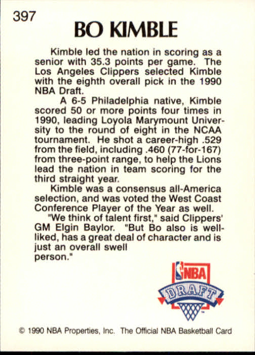 1990-91 Hoops #397 Bo Kimble LS RC back image