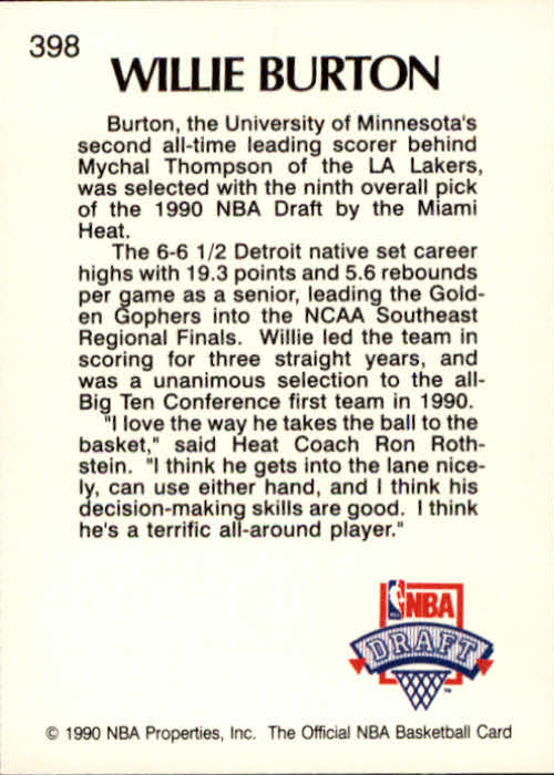 1990-91 Hoops #398 Willie Burton LS RC back image