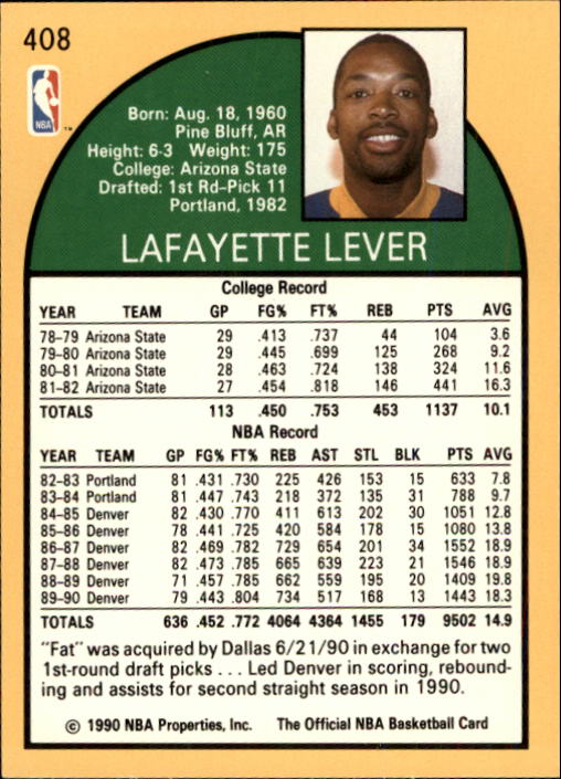 1990-91 Hoops #408 Lafayette Lever U back image