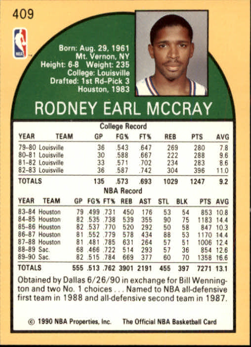 1990-91 Hoops #409 Rodney McCray U back image