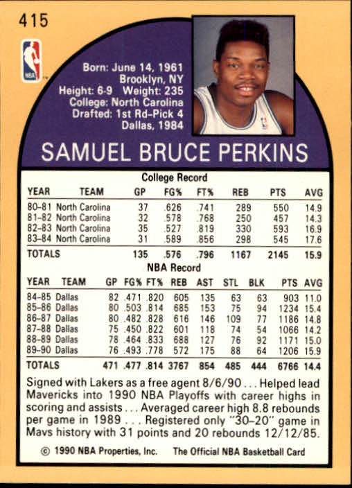 1990-91 Hoops #415 Sam Perkins U back image