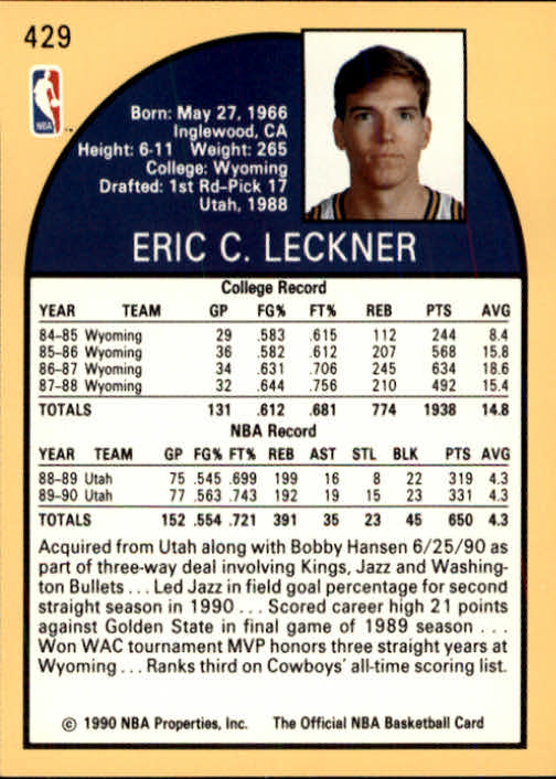 1990-91 Hoops #429 Eric Leckner U back image
