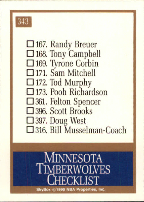 1990-91 SkyBox #343 Minnesota Timberwolves TC back image