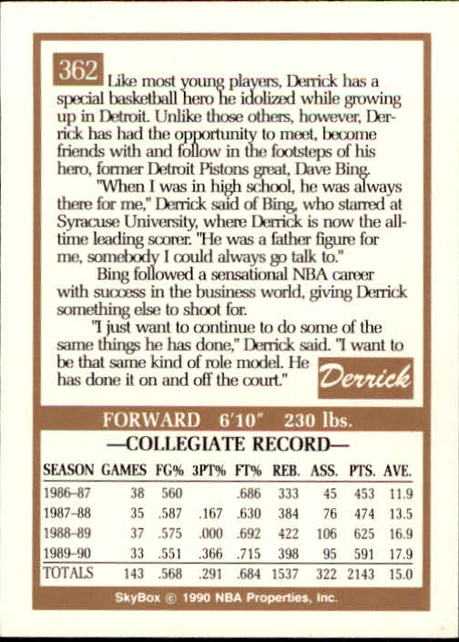 1990-91 SkyBox #362 Derrick Coleman RC back image