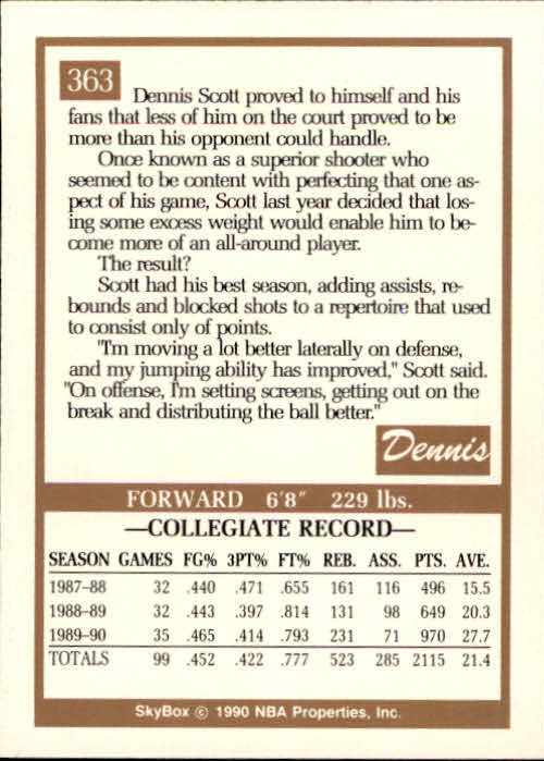 1990-91 SkyBox #363 Dennis Scott RC back image