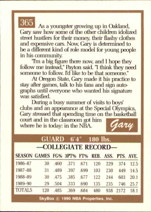 1990-91 SkyBox #365 Gary Payton RC back image