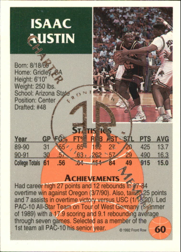 1991 Front Row Update Silver #60 Isaac Austin back image