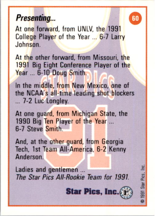 1991 Star Pics #60 All-Rookie Team/Larry Johnson/Derrick Smith/Luc Longley/Steve Smith/Kenny Anderson back image