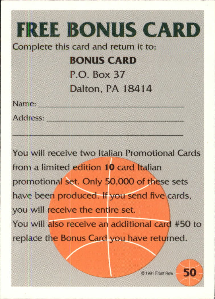 1991 Front Row #50A Bonus Card back image