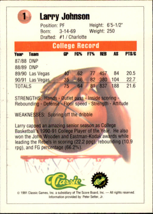1991 Classic #1 Larry Johnson back image