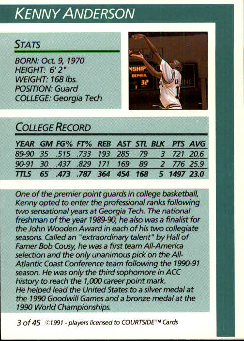 1991 Courtside #3 Kenny Anderson /198000
