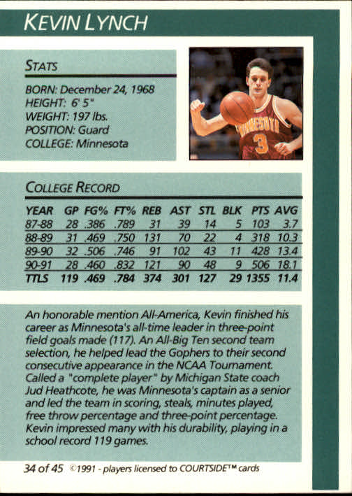 1991 Courtside #34 Kevin Lynch back image