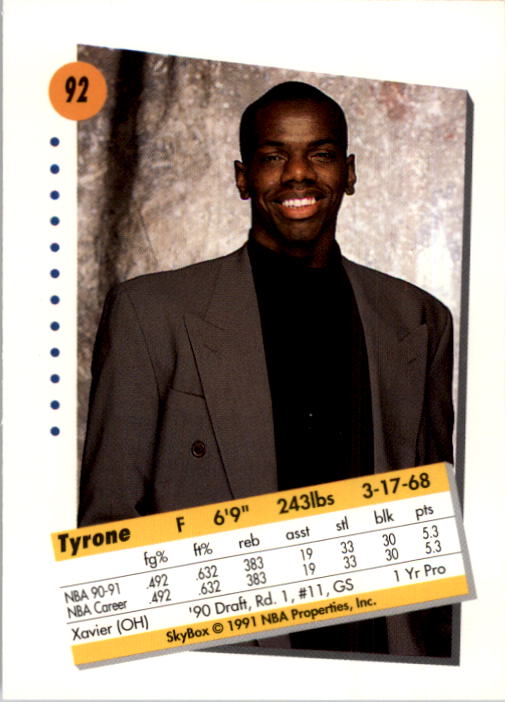 1991-92 SkyBox #92 Tyrone Hill back image