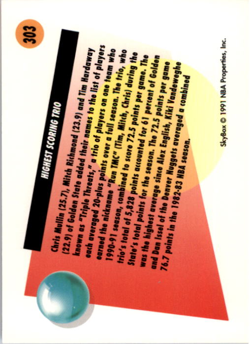 1991-92 SkyBox #303 Mitch Richmond/Chris Mullin/Tim Hardaway/Highest Scoring Trio back image