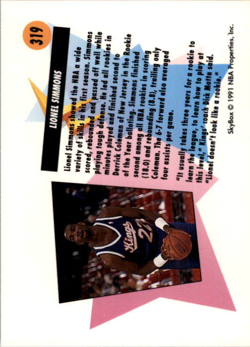 1991-92 SkyBox #319 Lionel Simmons ART back image