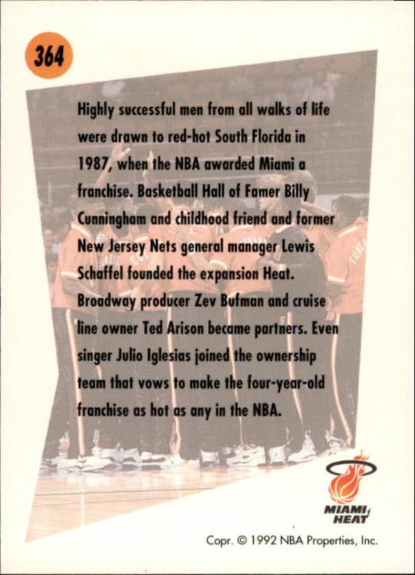 1991-92 SkyBox #364 Miami Heat TL back image