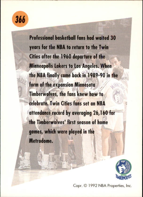 1991-92 SkyBox #366 Minnesota Timberwolves TL back image