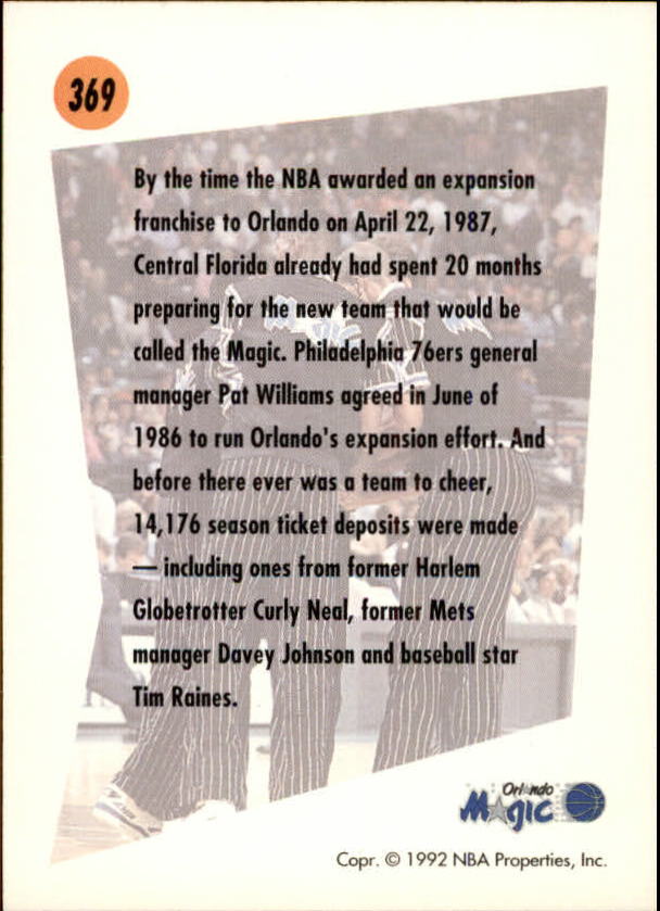1991-92 SkyBox #369 Orlando Magic TL back image