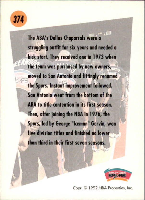 1991-92 SkyBox #374 San Antonio Spurs TL back image