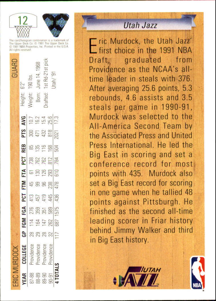 1991-92 Upper Deck #12 Eric Murdock RC back image