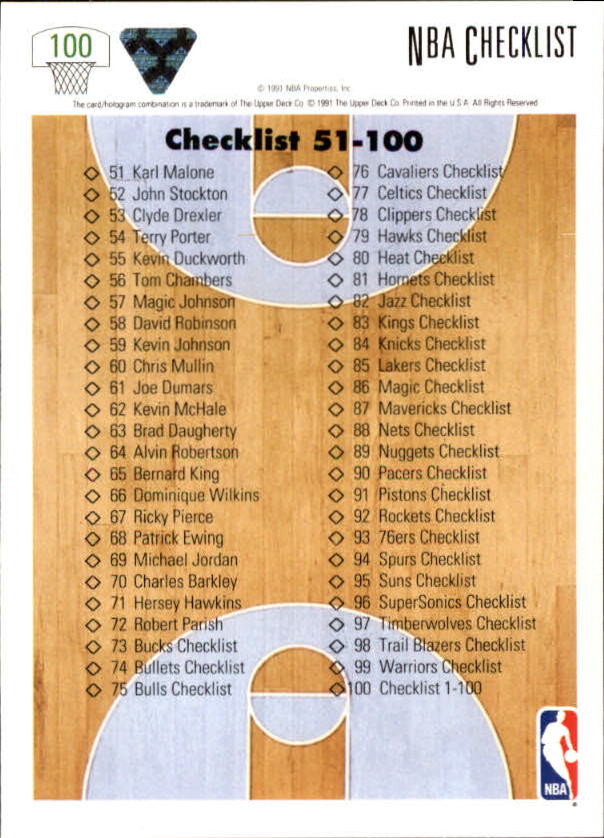 1991 92 Upper Deck 100 Checklist 1 100 NM MT