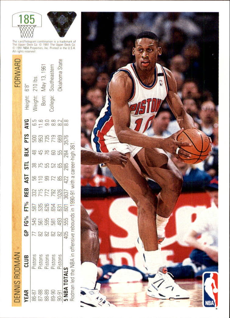 Dennis Rodman Autographed 1991-92 Upper Deck Card #185 Detroit Pistons Auto  Grade Gem Mint 10 Beckett BAS Stock #194503
