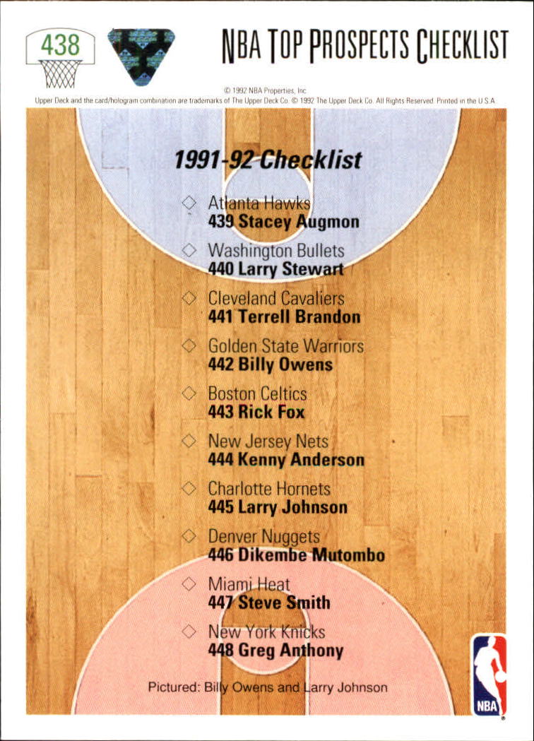 1991-92 Upper Deck #438 Larry Johnson CL/Billy Owens back image