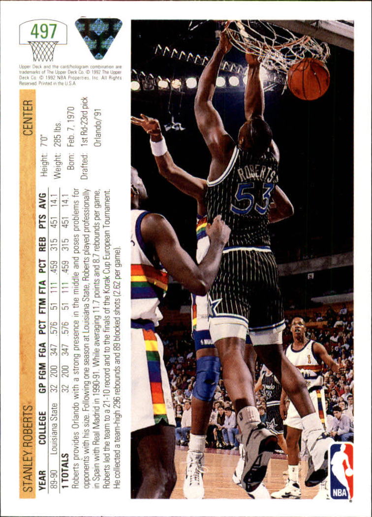 1991-92 Upper Deck #497 Stanley Roberts RC back image