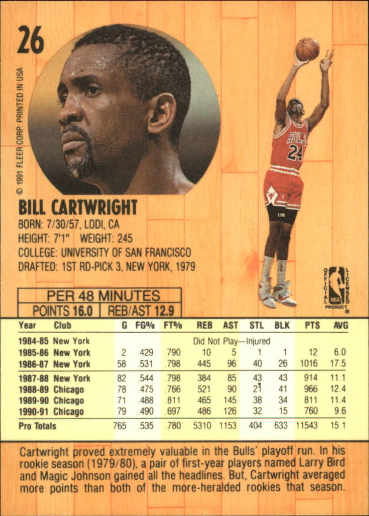 1991-92 Fleer #26 Bill Cartwright back image