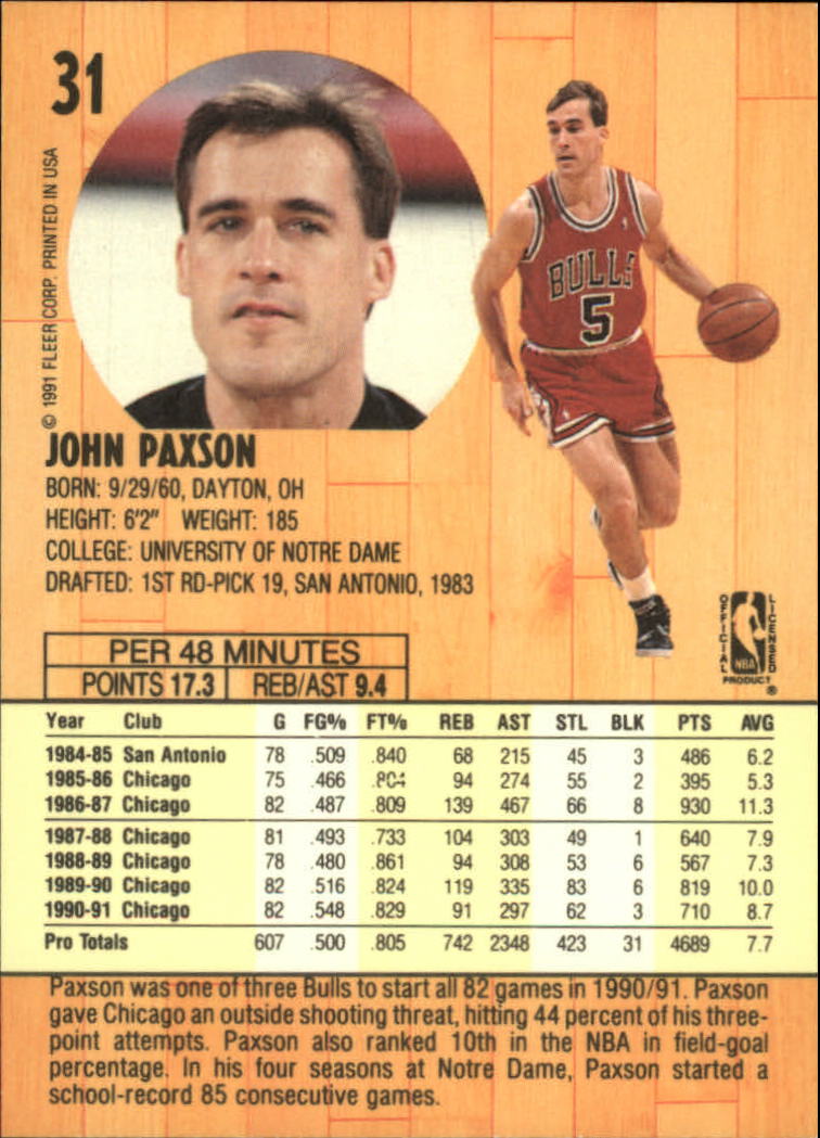 1991-92 Fleer #31 John Paxson back image