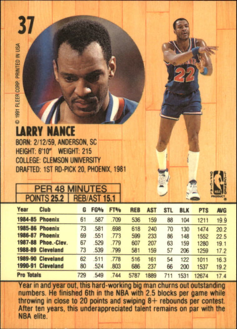 1991-92 Fleer #37 Larry Nance back image