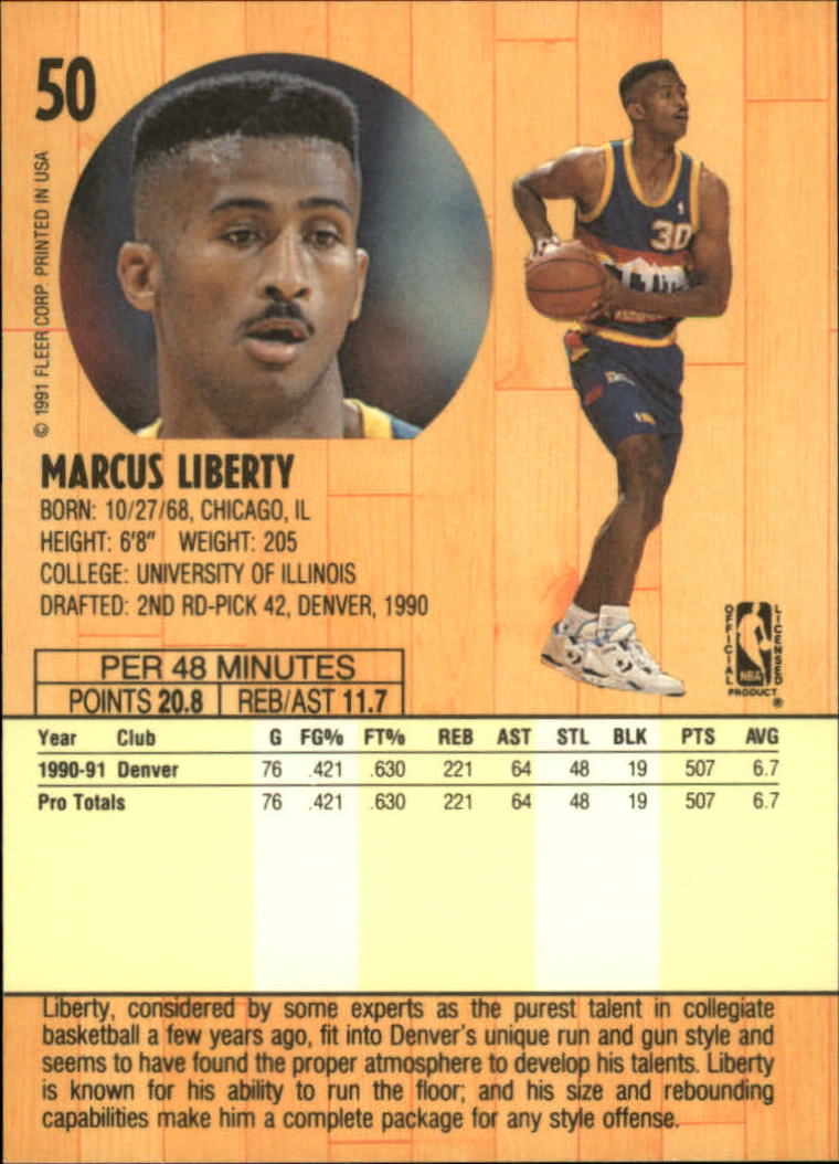 1991-92 Fleer #50 Marcus Liberty back image