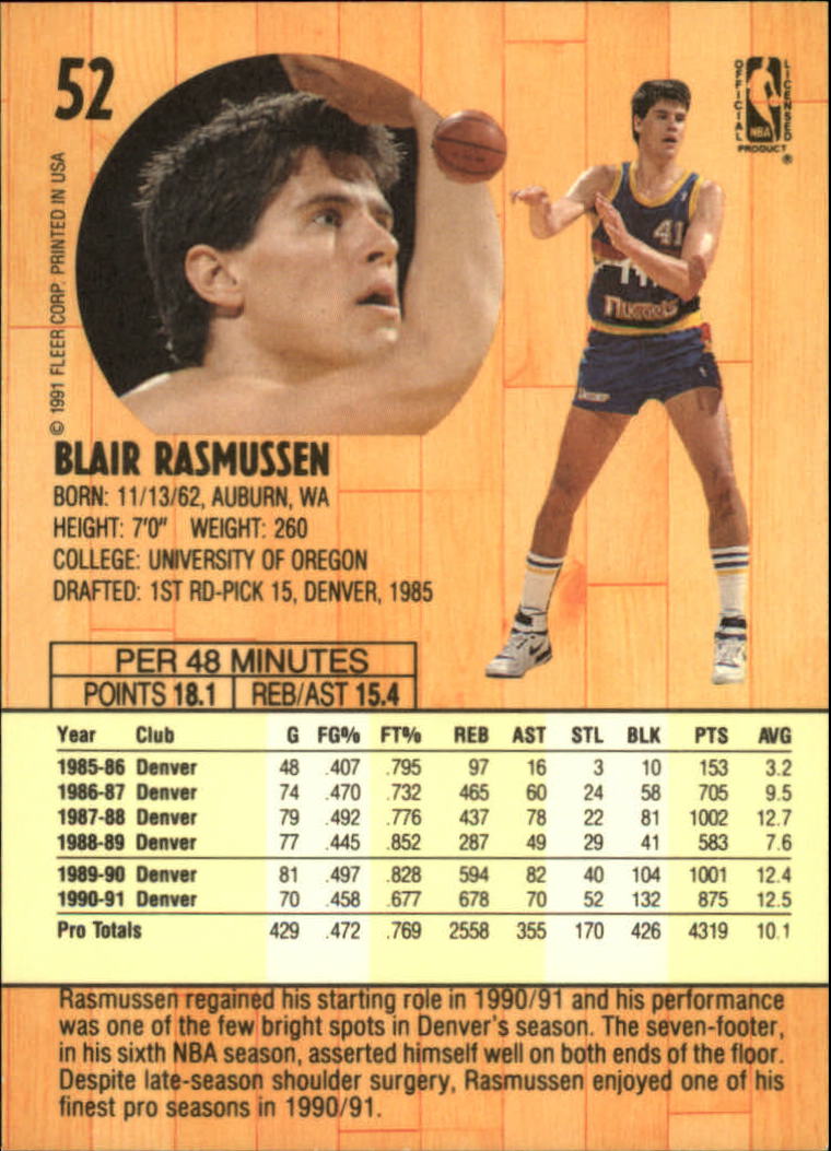 1991-92 Fleer #52 Blair Rasmussen back image
