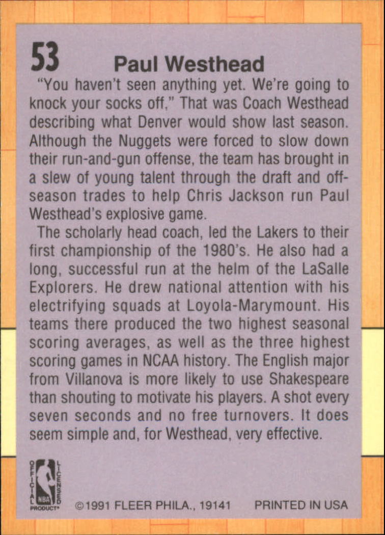 1991-92 Fleer #53 Paul Westhead CO back image