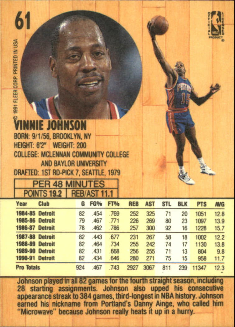 1991-92 Fleer #61 Vinnie Johnson back image