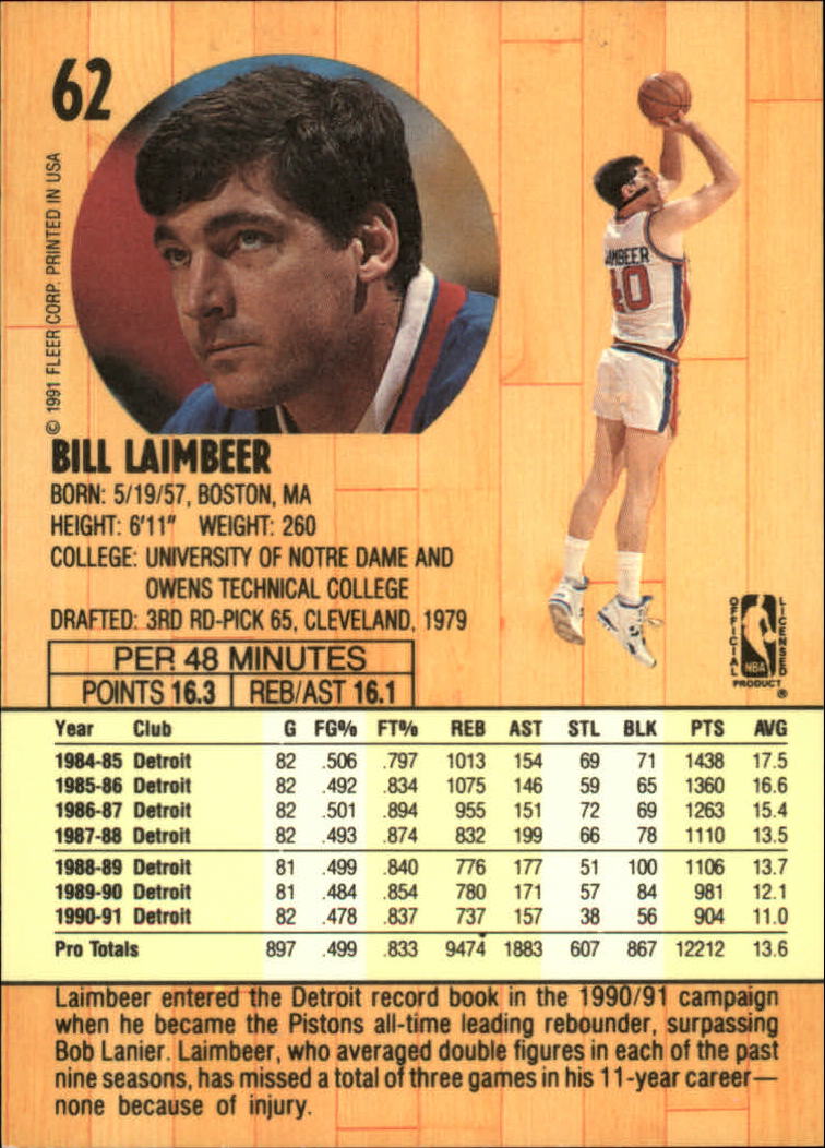 1991-92 Fleer #62 Bill Laimbeer back image