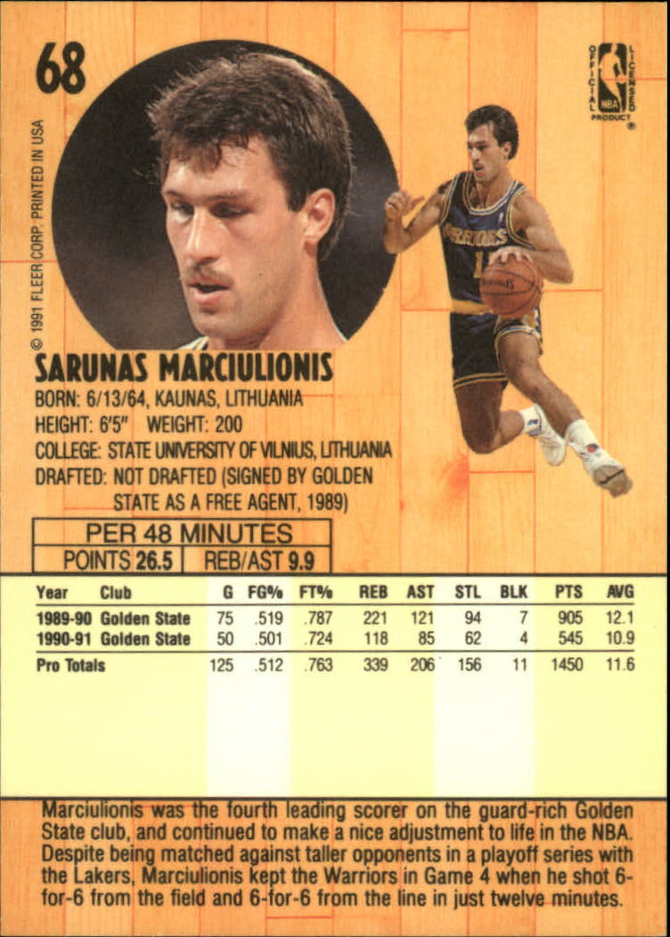 1991-92 Fleer #68 Sarunas Marciulionis back image