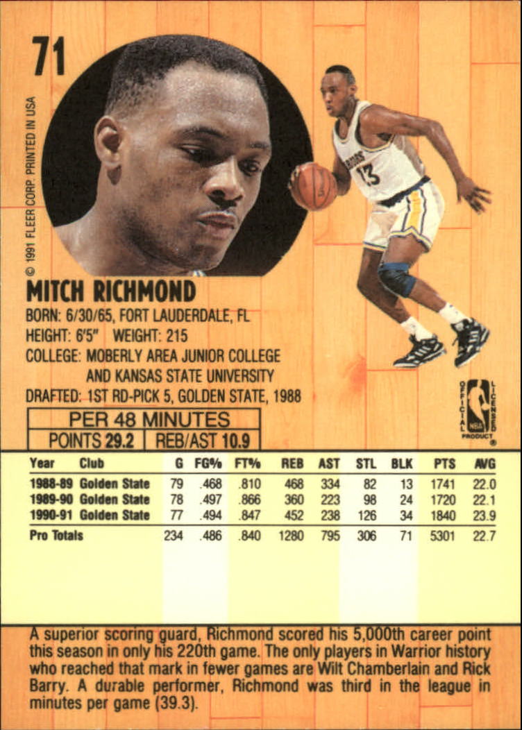1991-92 Fleer #71 Mitch Richmond back image